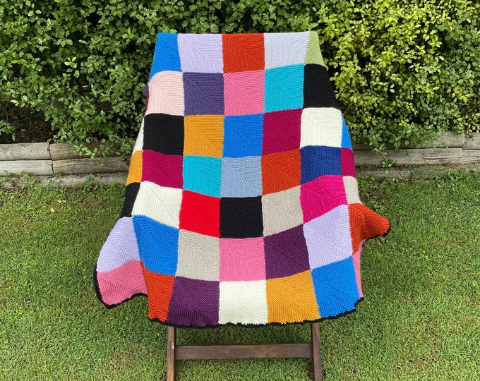 Retro Knitted Throw Rug. Mitred Square Patchwork Knitted Blanket
