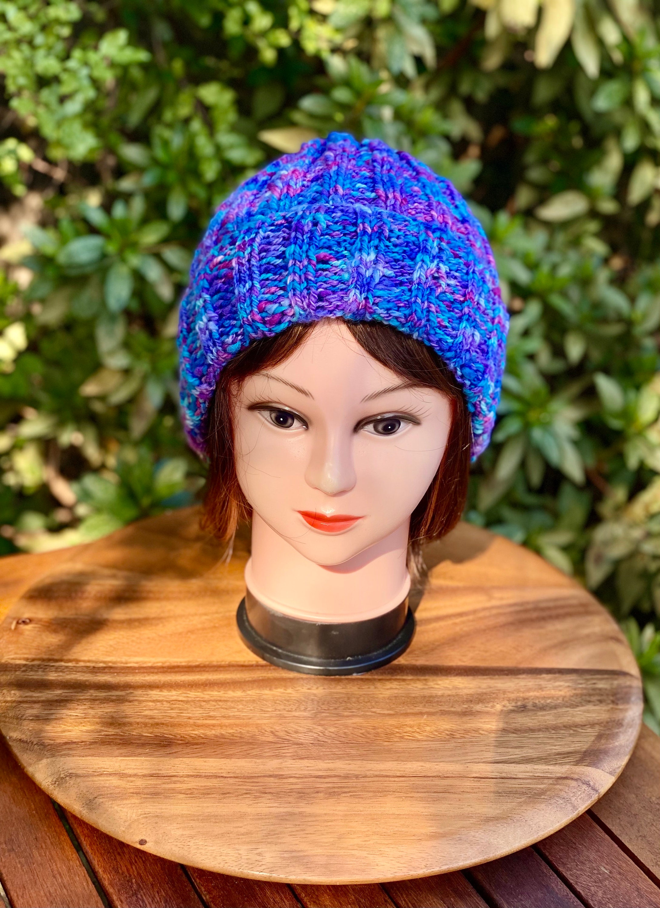Hand Spun Wool Knit Beanie: Blue Purple Pink Ribbed Hat - Etsy