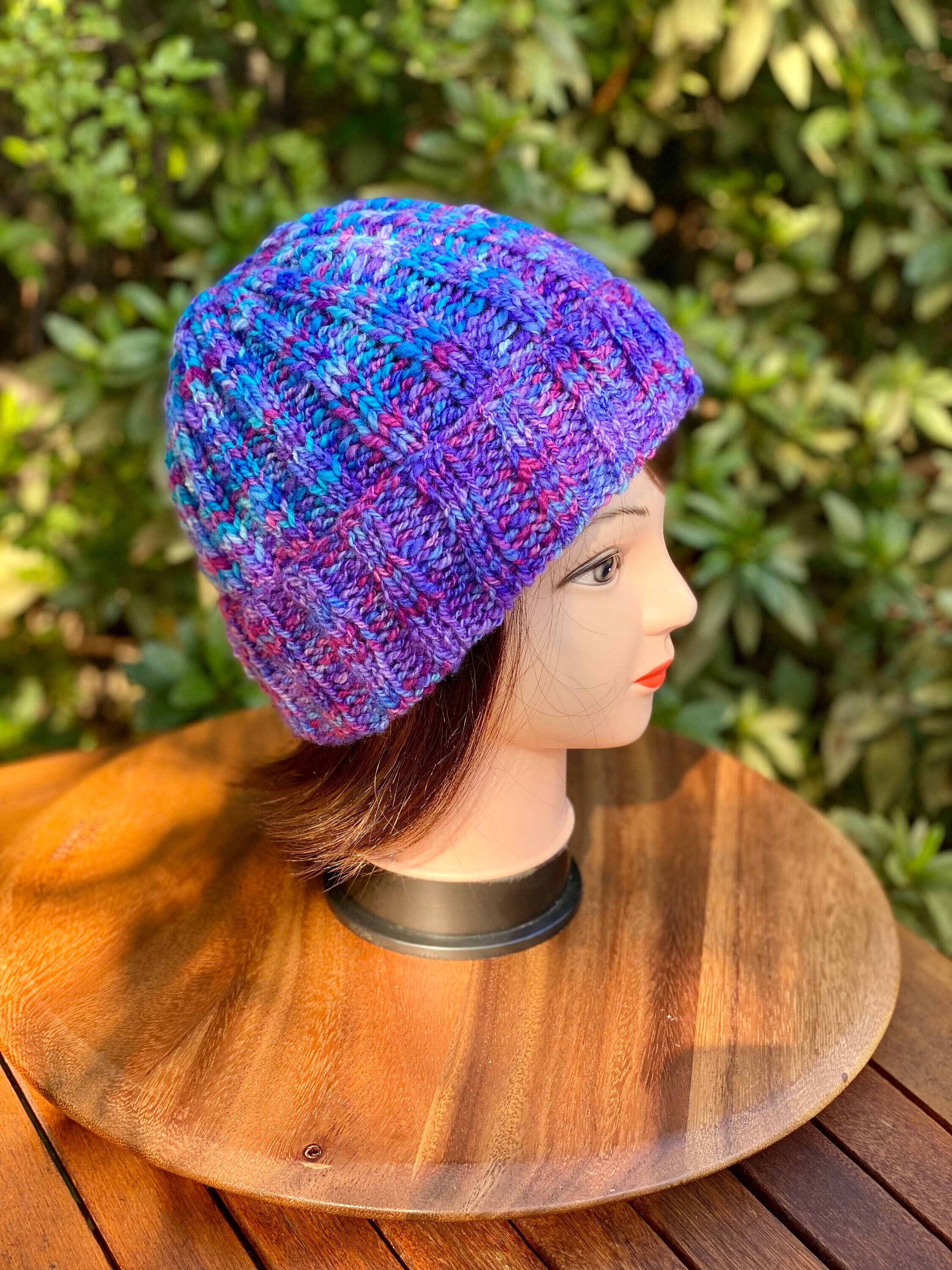 Hand Spun Wool Knitted Beanie: Purple Pink Blue Ribbed Hat  display picture 3