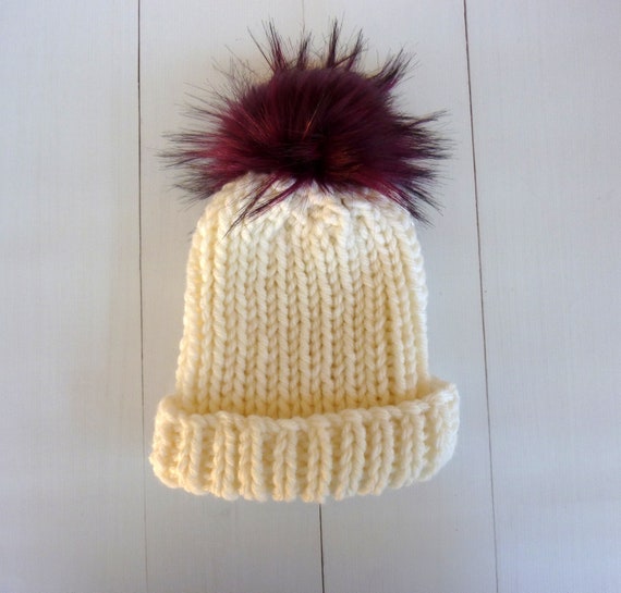Cream Knit Beanie With Faux Fur Pom Pom 