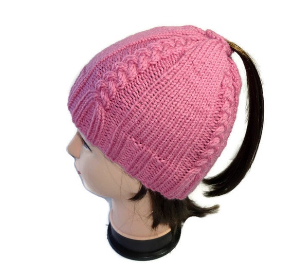 cable knit ponytail hat