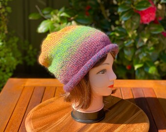 Roll brim slouch beanie. Rainbow Slouchy beanie. Rainbow knit hat. Rainbow Knit slouch hat. Classic Knitted beanie. Australian Wool hat.