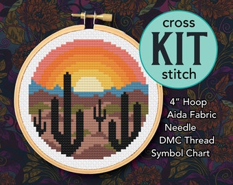 Desert Sunrise Counted Cross Stitch Kit - 4 Inch Kit - Suitable for Beginners - Desert Landscape with Saguaro Cactus