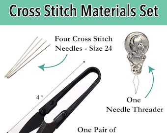 Cross Stitch Materials Set: (4) Size 24 Needles, Threader, Embroidery Scissors