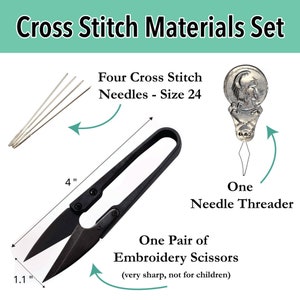 Cross Stitch Materials Set: (4) Size 24 Needles, Threader, Embroidery Scissors