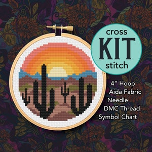 Desert Sunrise Counted Cross Stitch Kit - 4 Inch Kit - Suitable for Beginners - Desert Landscape with Saguaro Cactus