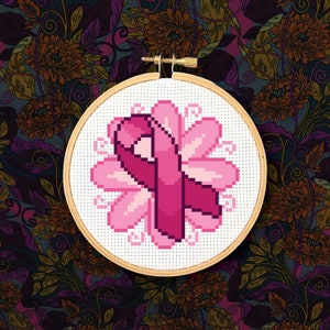 Breast Cancer Pink Ribbon and Flower - PDF Cross Stitch Pattern
