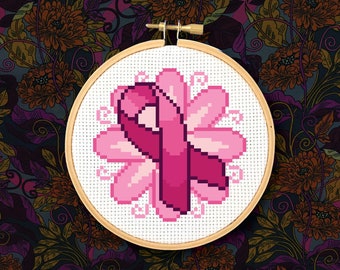 Breast Cancer Pink Ribbon and Flower - PDF Cross Stitch Pattern