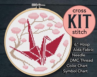 Paper Crane and Cherry Blossoms Counted Cross Stitch Kit - 6 Inch Kit - Suitable for Beginners