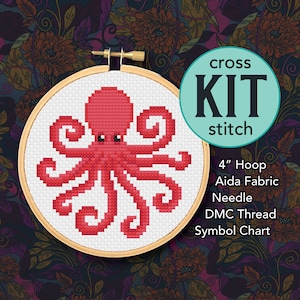 Red Octopus Counted Cross Stitch Kit - 4 Inch Kit - Suitable for Beginners