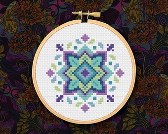 Mini Mandala - Blue, Green, Purple - PDF Cross Stitch Pattern