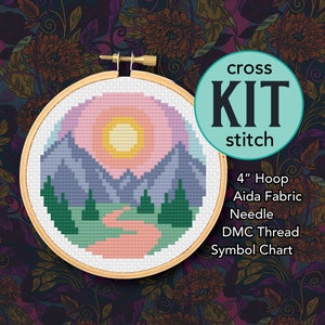 Pastel Mountains Counted Cross Stitch Kit - 4 Inch Kit - Suitable for Beginners