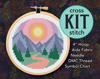 Pastel Mountains Counted Cross Stitch Kit - 4 Inch Kit - Suitable for Beginners