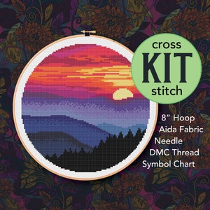 Vibrant Mountain Sunset Counted Cross Stitch Kit - 8 Inch Kit - Suitable for Beginners