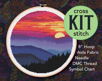 Vibrant Mountain Sunset Counted Cross Stitch Kit - 8 Inch Kit - Suitable for Beginners