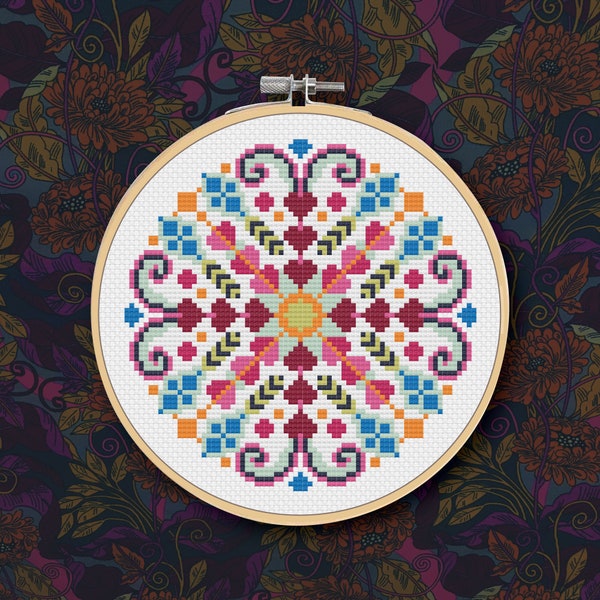 Scandinavian Mandala - PDF Cross Stitch Pattern - Colorful Folk Art Design with Hearts and Swirls