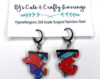 Wooden Puzzle Piece Earrings: Hypoallergenic Stainless Steel, Leverback or Fish Hook