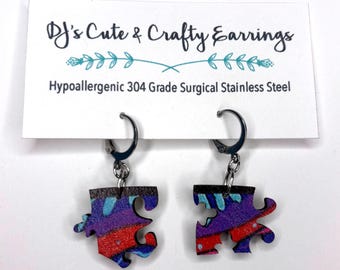 Wooden Puzzle Piece Earrings: Hypoallergenic Stainless Steel, Leverback or Fish Hook