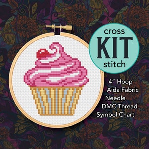 Pink Frosted Cupcake Counted Cross Stitch Kit - 4 Inch Kit - Suitable for Beginners