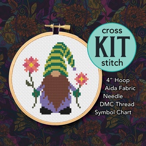 Green Hat Garden Gnome Counted Cross Stitch Kit - 4 Inch Kit - Suitable for Beginners