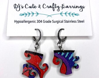 Wooden Puzzle Piece Earrings: Hypoallergenic Stainless Steel, Leverback or Fish Hook