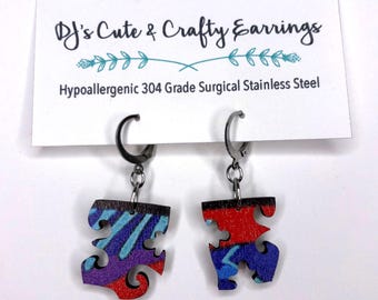 Wooden Puzzle Piece Earrings: Hypoallergenic Stainless Steel, Leverback or Fish Hook