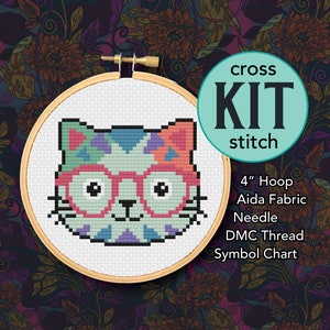 Colorful Pastel Glasses Cat Counted Cross Stitch Kit - 4 Inch Kit - Suitable for Beginners