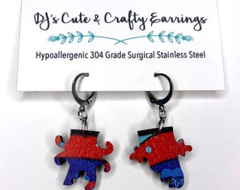 Wooden Puzzle Piece Earrings: Hypoallergenic Stainless Steel, Leverback or Fish Hook