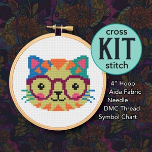 Bright Glasses Cat Counted Cross Stitch Kit - 4 Inch Kit - Suitable for Beginners