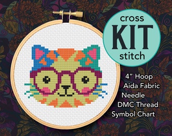 Bright Glasses Cat Counted Cross Stitch Kit - 4 Inch Kit - Suitable for Beginners