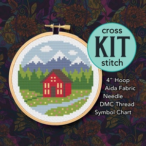 Mountain Cabin Counted Cross Stitch Kit - 4 Inch Kit - Suitable for Beginners