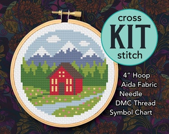 Mountain Cabin Counted Cross Stitch Kit - 4 Inch Kit - Suitable for Beginners
