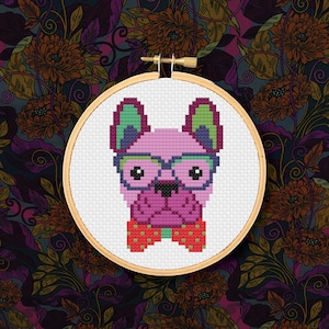 Cute Frenchie Dog Face with Glasses and a Bow Tie - PDF Cross Stitch Pattern