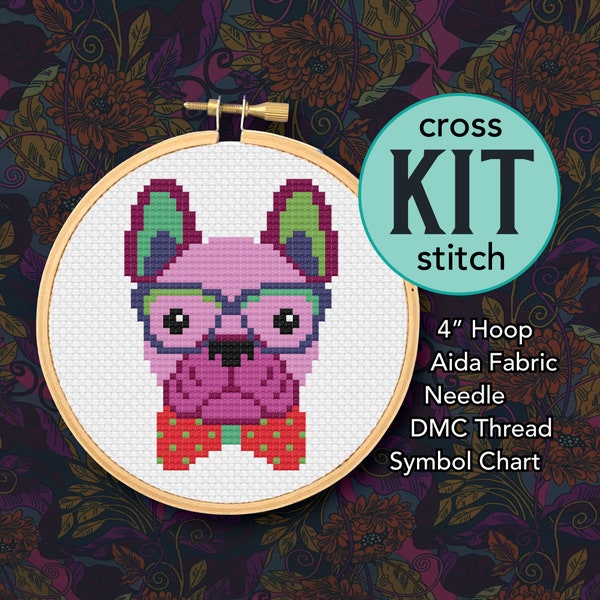Frenchie Dog with Glasses and Bow Tie Counted Cross Stitch Kit - 4 Inch Kit - Suitable for Beginners