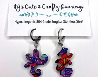 Wooden Puzzle Piece Earrings: Hypoallergenic Stainless Steel, Leverback or Fish Hook