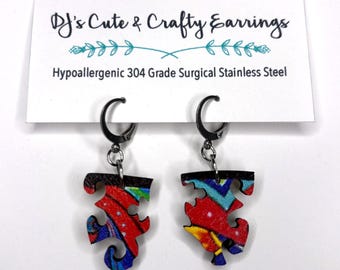 Wooden Puzzle Piece Earrings: Hypoallergenic Stainless Steel, Leverback or Fish Hook