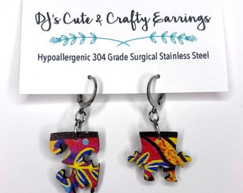 Wooden Puzzle Piece Earrings: Hypoallergenic Surgical Steel, Leverback or Fish Hook