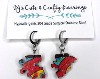 Wooden Puzzle Piece Earrings: Hypoallergenic Stainless Steel, Leverback or Fish Hook