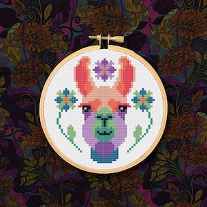 Cute, Colorful  Llama Face with Flowers - PDF Cross Stitch Pattern