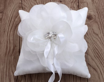 White Flower Wedding Ring Pillow: Satin Ribbon Ring Bearer