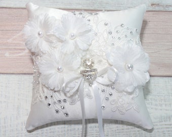 Lace Wedding Ring Pillow: Rhinestone Flower Ring Bearer Cushion