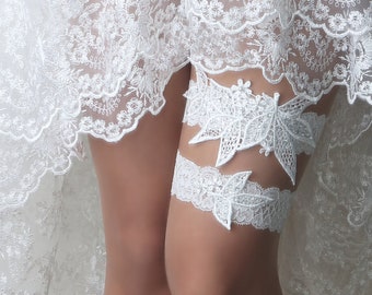 Wedding garter set, flower leaf applique garter set, wedding garter, off white lace garter set, wedding garter set lace -T64