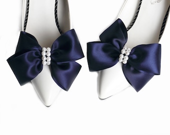 Navy satin bow shoe clips, blue shoe clips ornaments, blue ribbon bow shoe clips, blue shoe clips for women -sh29