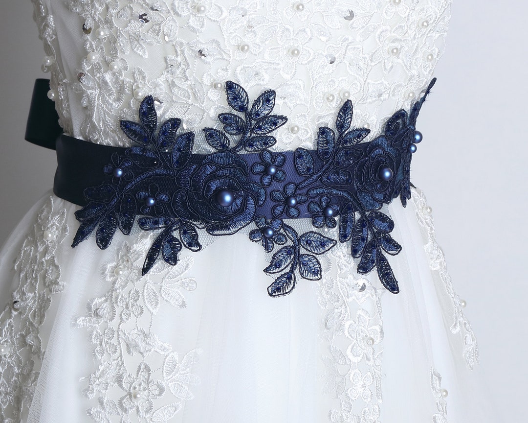 Navy Wedding Sash Belt: Swarovski Pearl Flower Girl Dress Sash