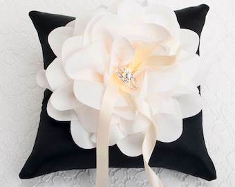 Black Wedding Ring Pillow with Champagne Corsage, Ivory Flower Ring Pillow, Wedding Ring Bearer Pillow, Black Ring Holder -RT28