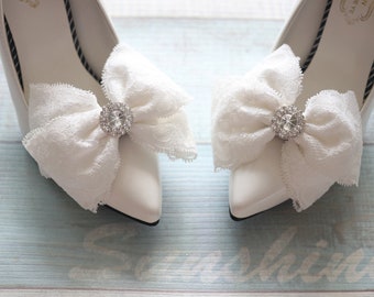 Wedding bridal lace bow with rhinestone shoe clips, ribbon bow shoe clips for women, shoe clips wedding -sh24