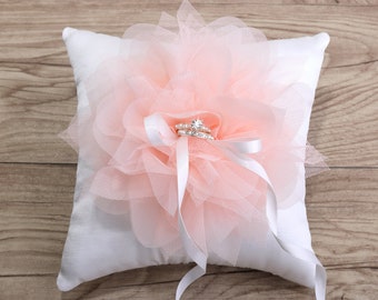 Wedding ring pillow with salmon pink mesh corsage,ring bearer pillow,salmon pink flower ring pillow,ring holder,ring pillow for wedding-RT46