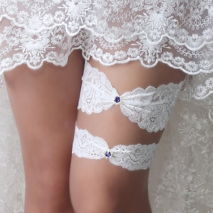 Blue crystal garter set, Bridal lace garter, rhinestone garter wedding, wedding garter set plus size, wedding garter for bride blue-T75