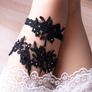 Wedding garter set black, black garters for brides, black lace garter set, rhinestone wedding garter, black bridal garter -nt20