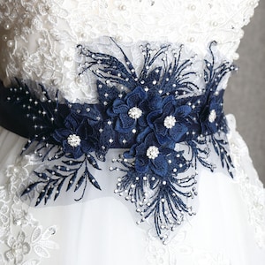 Blue wedding sash belt, rhinestone belt, navy sash belt, wedding sashes and belts, dress blue sash, blue ribbon sash belt -WB40